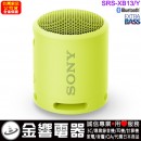 【金響電器】現貨,SONY SRS-XB13/Y檸檬黃(公司貨):::可攜式重低音無線藍牙喇叭,免持通話,充電式,串聯左右聲道,IP67防水,SRSXB13